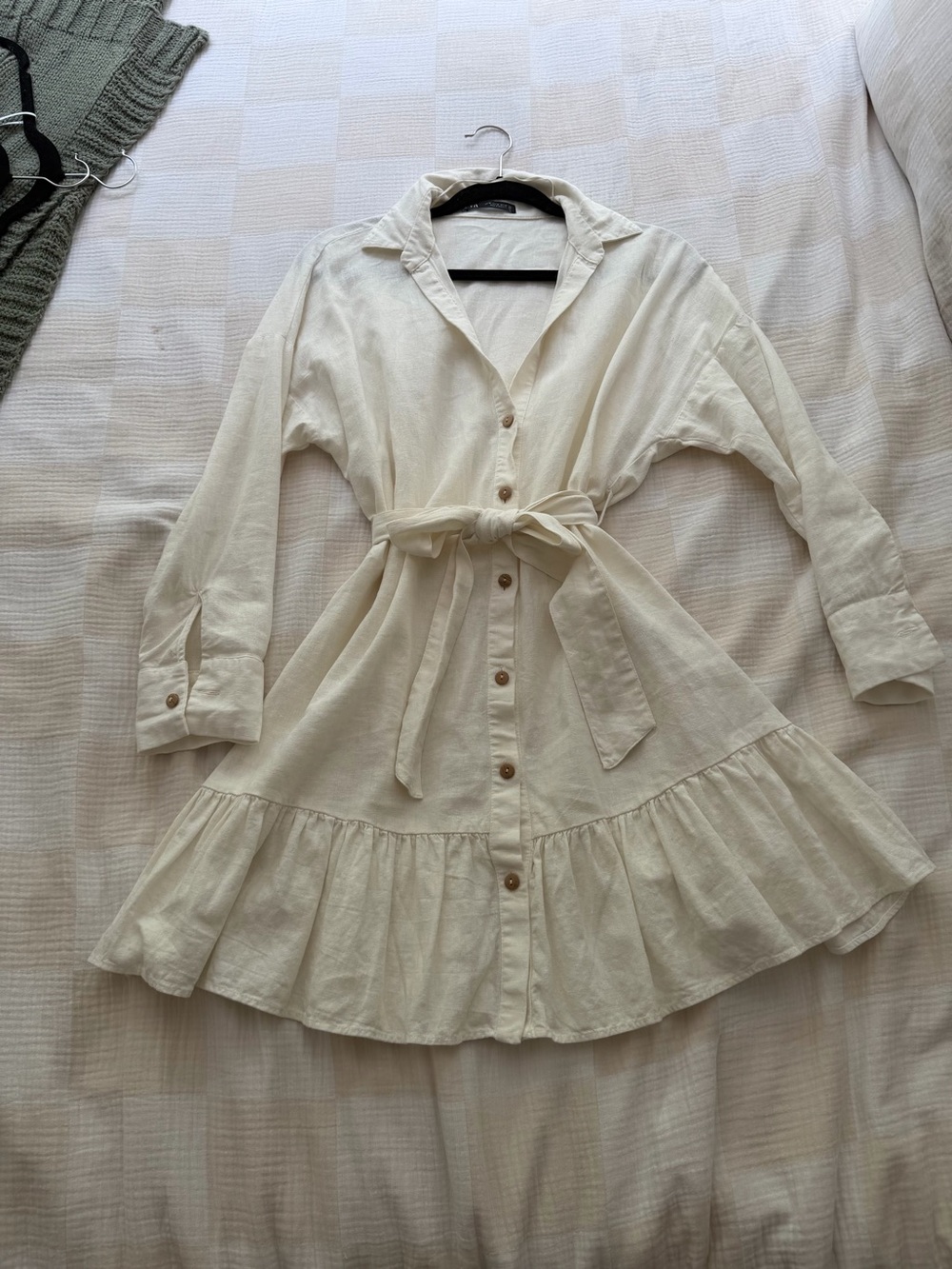 Zara Cream Button-Front Shirt Dress with Waist Tie